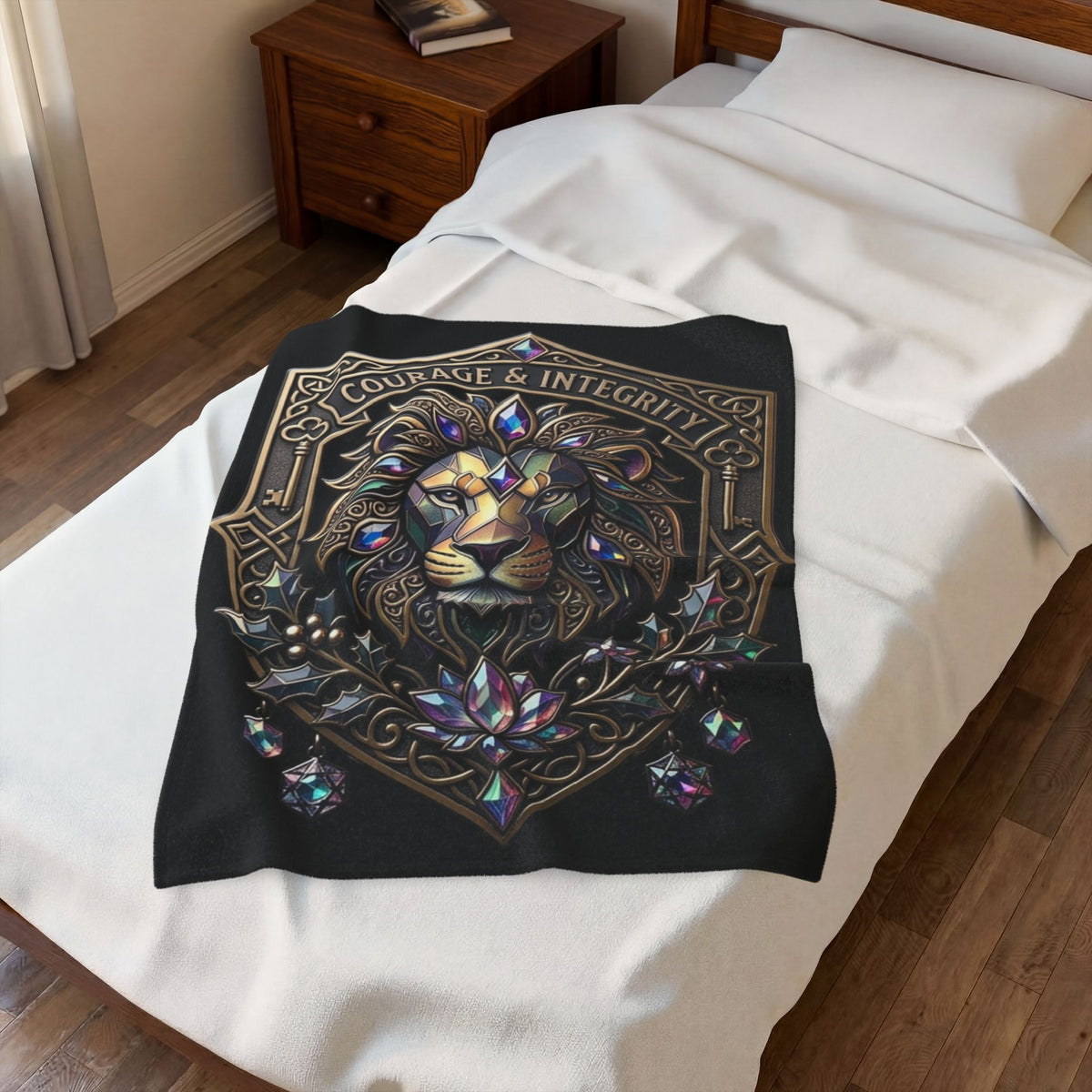 Lion Crest Velveteen Plush Blanket — "Courage & Integrity" Decorative Throw