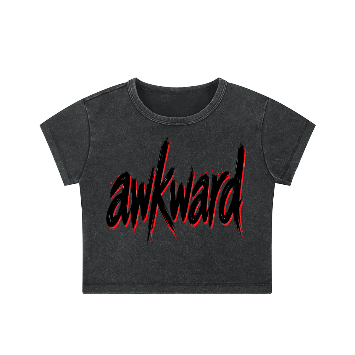 Awkward Red-and-Black Lettering Snow-Washed Crop Top