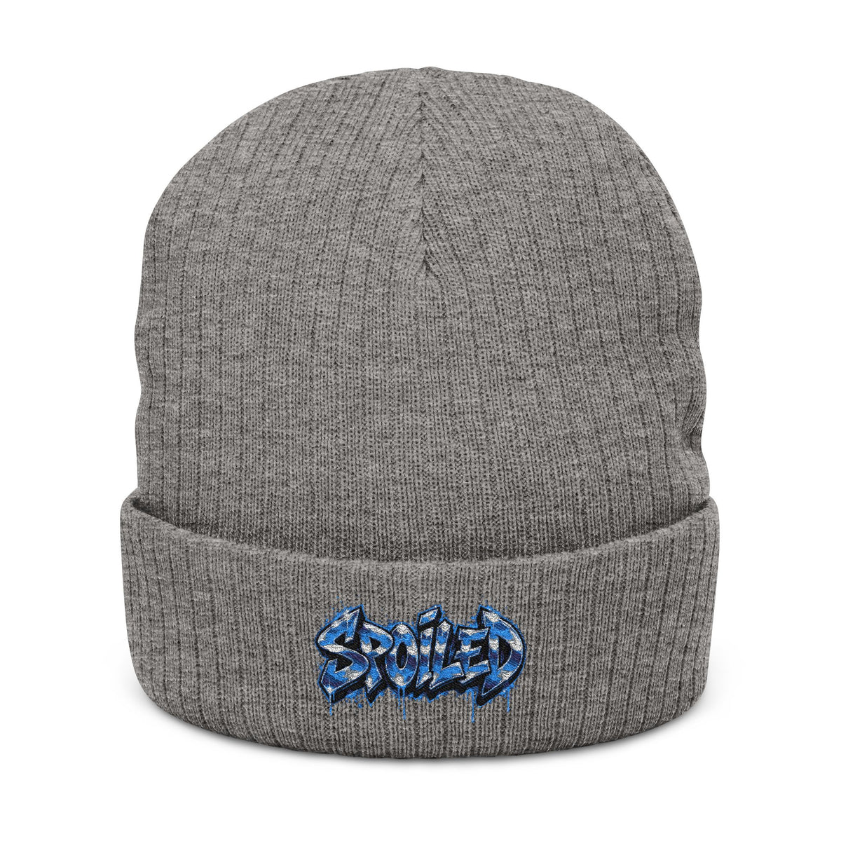 Black Ribbed Knit Beanie with Blue “Spoiled” Embroidery
