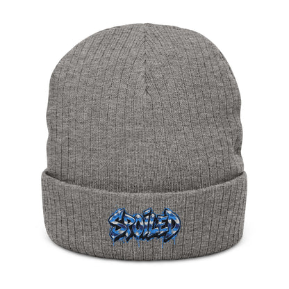 Black Ribbed Knit Beanie with Blue “Spoiled” Embroidery