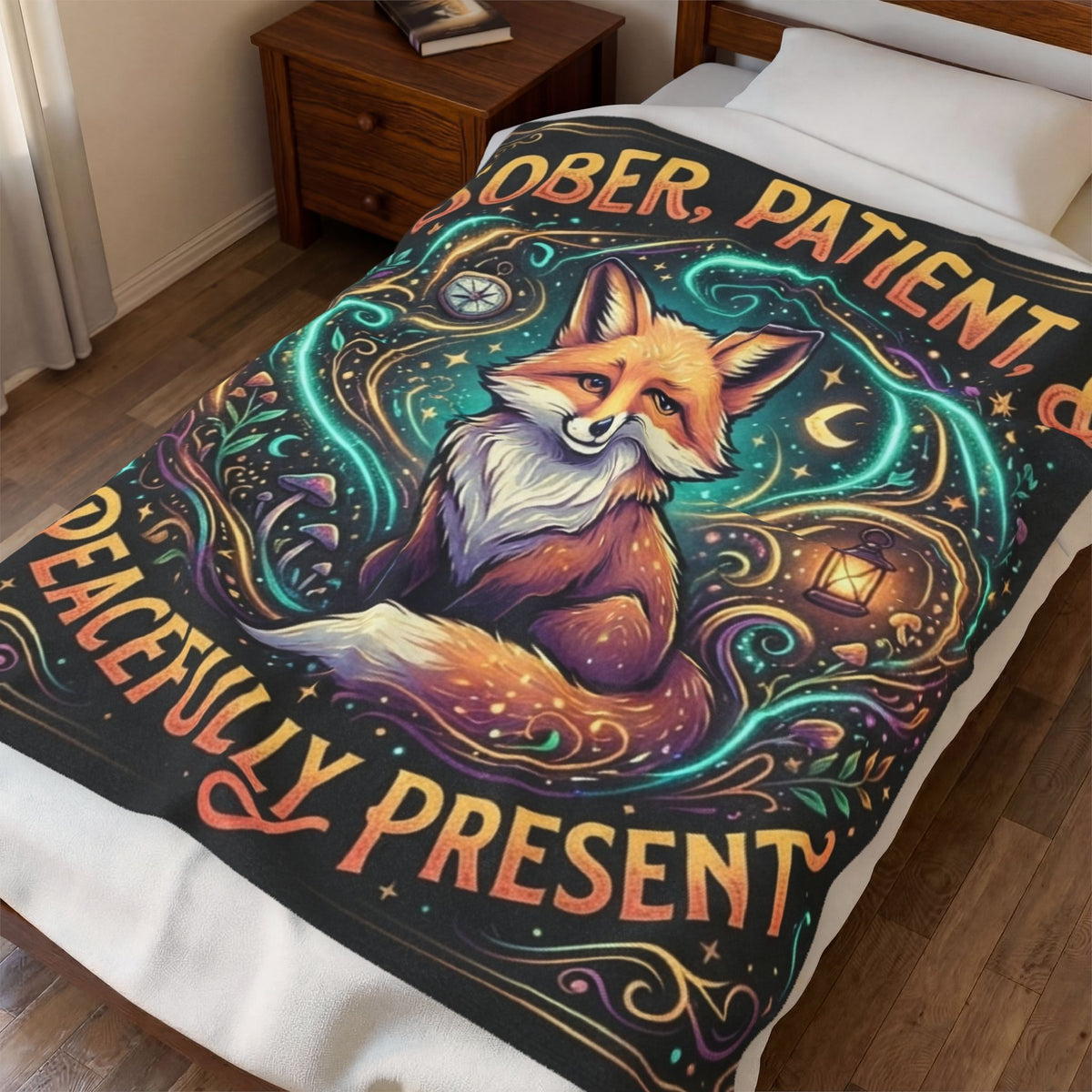 Velveteen Plush Blanket — "Sober, Patient & Peacefully Present" Fox Art Throw