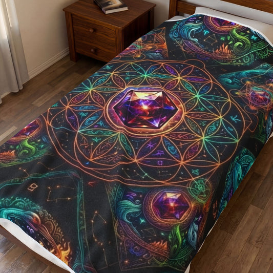Velveteen Plush Blanket - Mystic Geometric Mandala Jewel Design