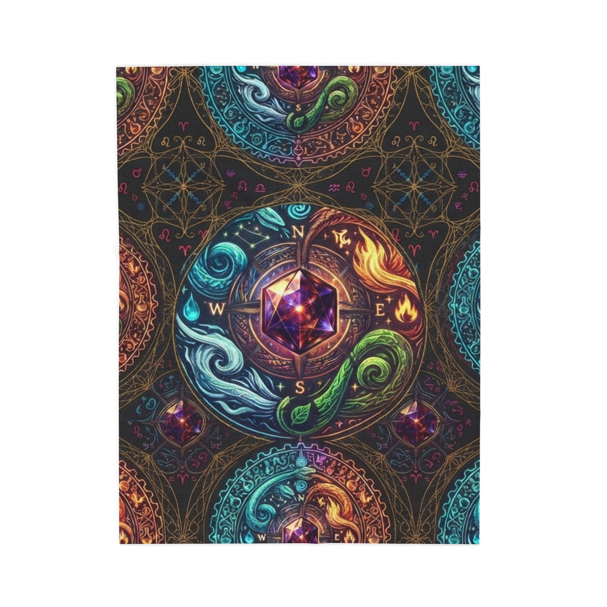 Mystic Elements Velveteen Plush Blanket — Boho Chakra Compass Design