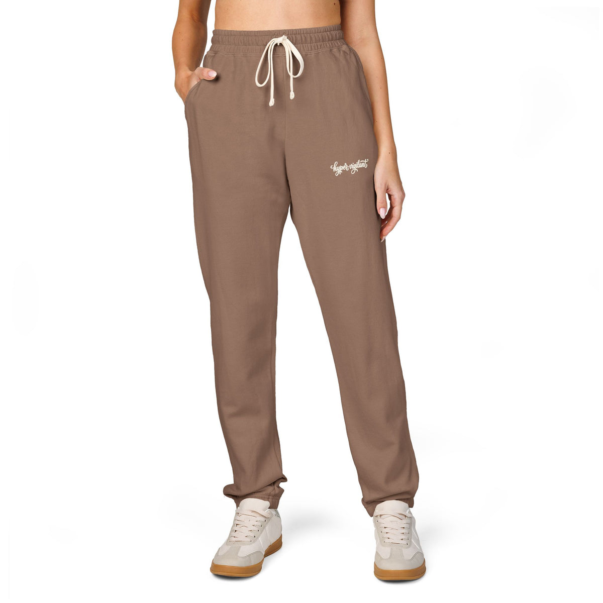 Garment-Dyed Fleece Sweatpants — Relaxed Joggers with 'hyper-vigilant' Script