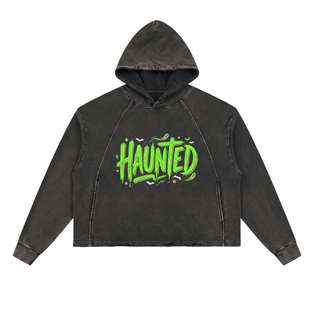 Haunted Green Lettering Vintage Washed Frayed-Hem Hoodie