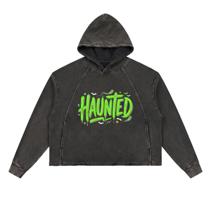 Haunted Green Lettering Vintage Washed Frayed-Hem Hoodie