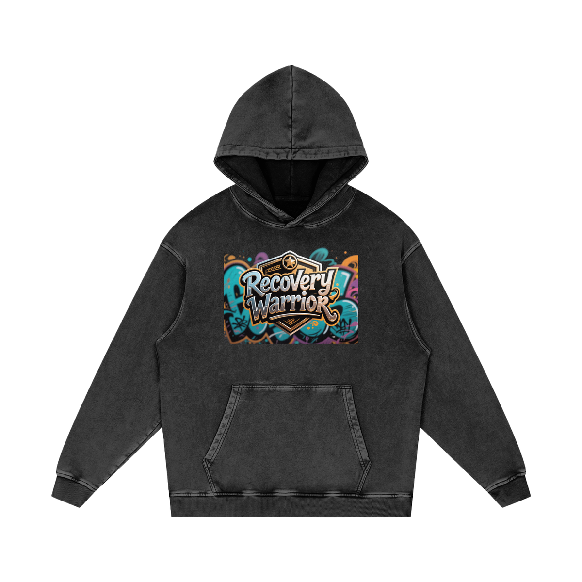 Recovery Warrior Graffiti Badge Snow Washed Loose Cotton Hoodie
