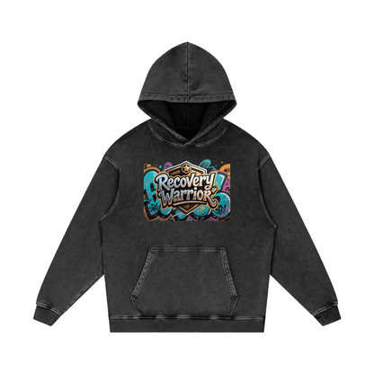 Recovery Warrior Graffiti Badge Snow Washed Loose Cotton Hoodie
