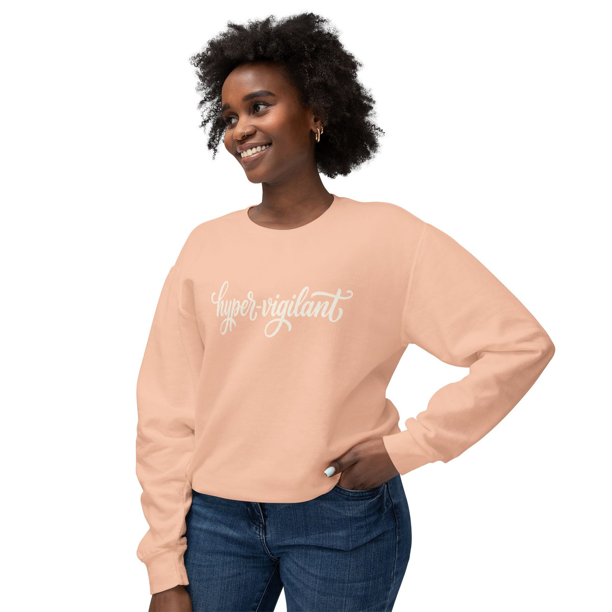 Hyper-Vigilant Crewneck Sweatshirt — Peach Casual Script Pullover