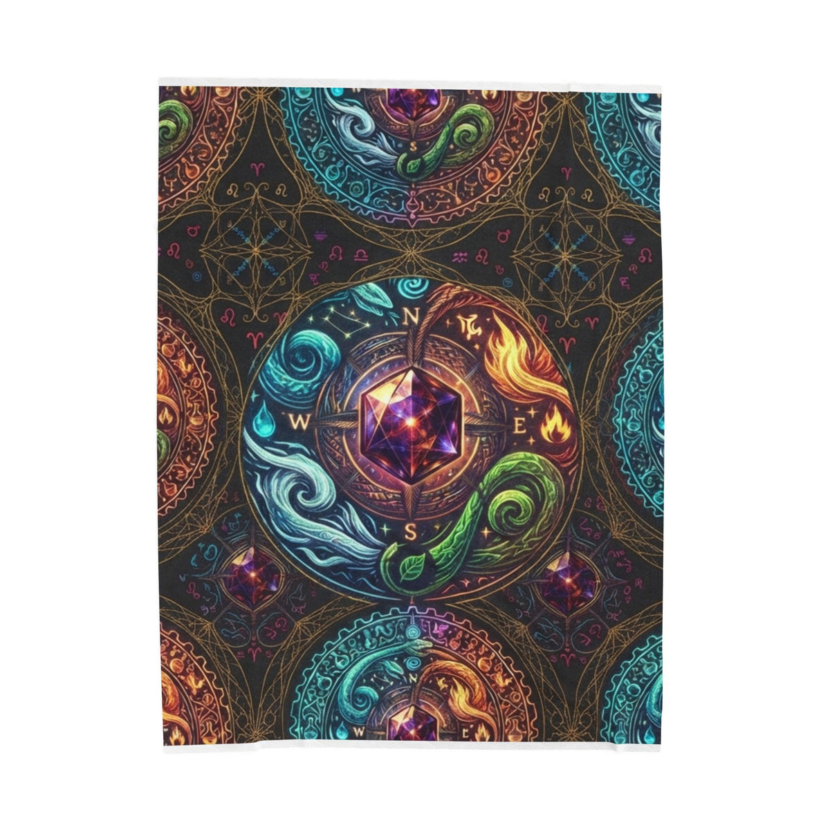 Mystic Elements Velveteen Plush Blanket — Boho Chakra Compass Design