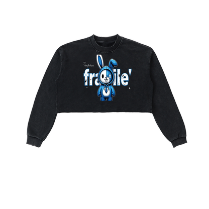 Fragile Blue Bunny Graphic Snow Washed Raw Edge Cropped Sweatshirt