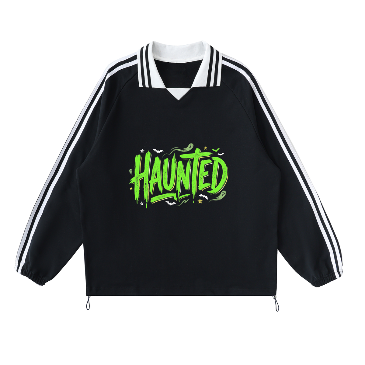 Haunted Green Lettering Contrast Striped Lapel Collar Sweatshirt