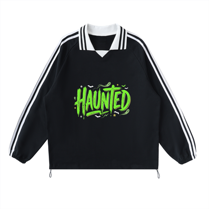 Haunted Green Lettering Contrast Striped Lapel Collar Sweatshirt