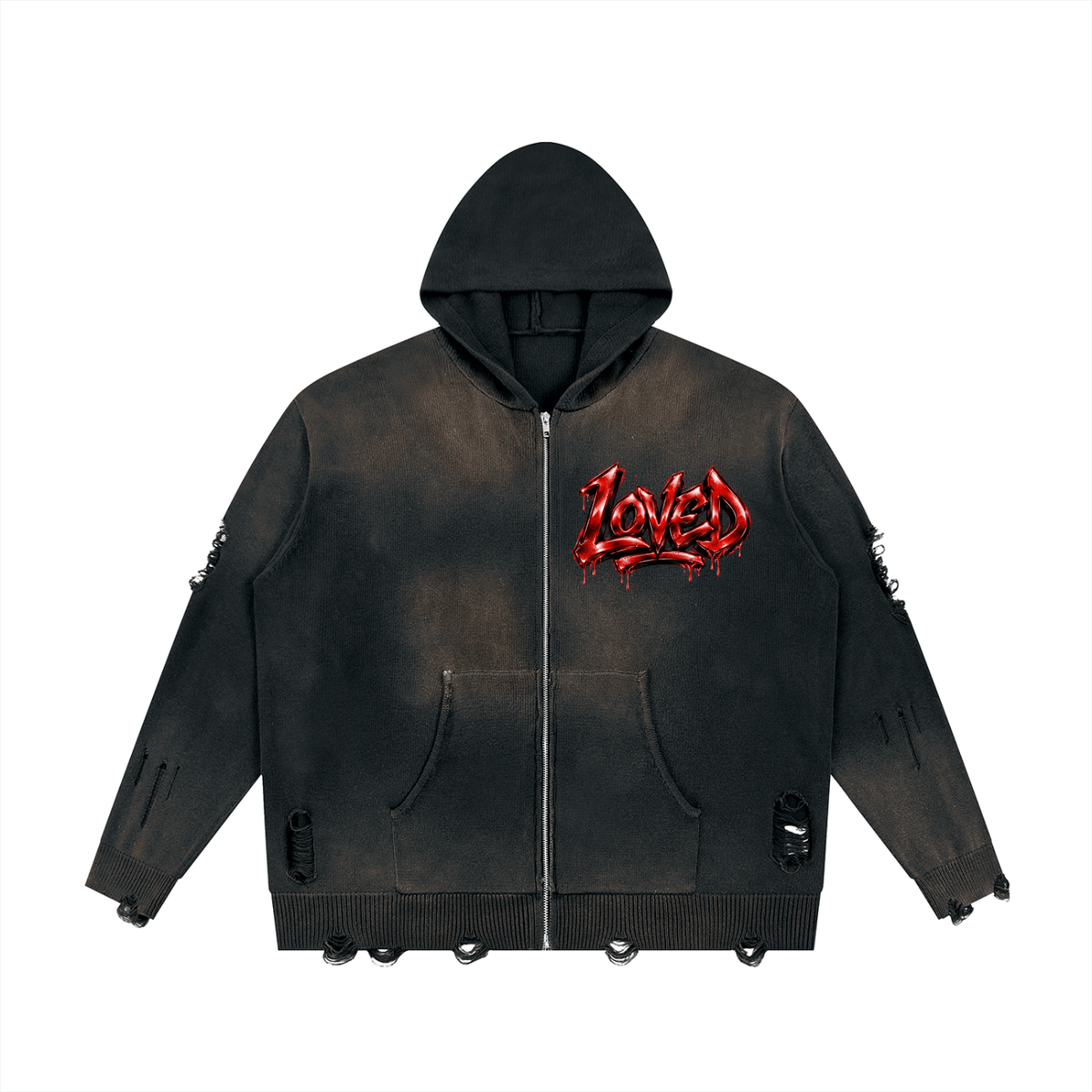 Unisex Distressed Full Zip Sweater