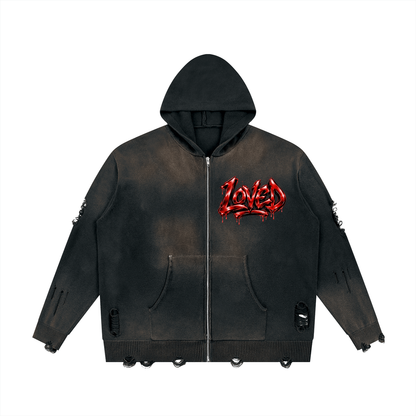 Unisex Distressed Full Zip Sweater