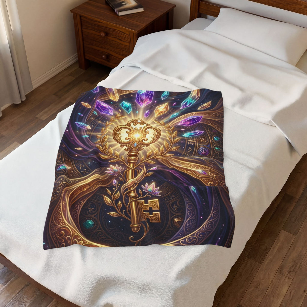 Mystic Key Velveteen Plush Blanket — Golden Key & Gemstone Fantasy Throw