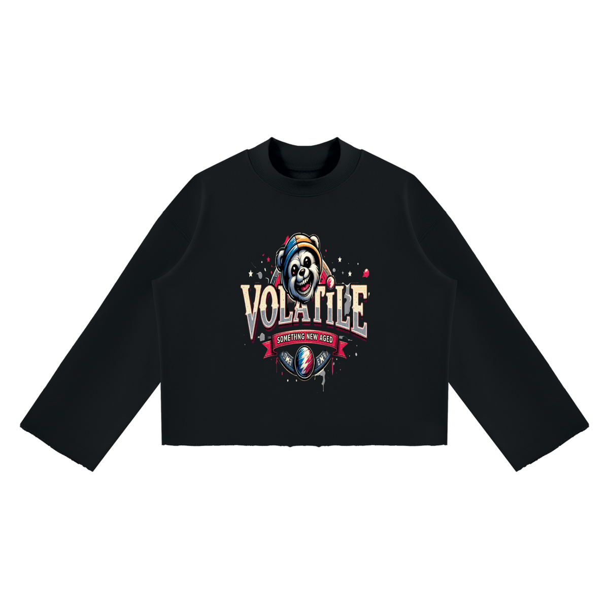 VOLATILE Bear Graphic Mock Neck Raw Edge Boxy Sweatshirt