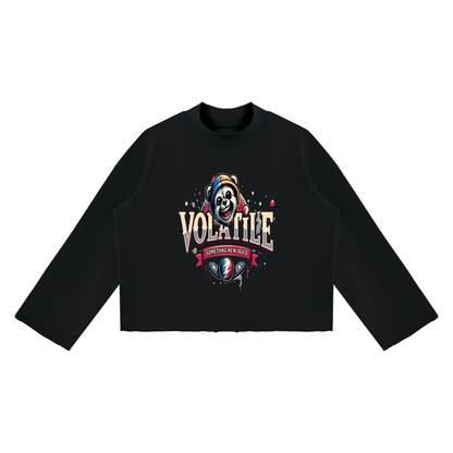 VOLATILE Bear Graphic Mock Neck Raw Edge Boxy Sweatshirt