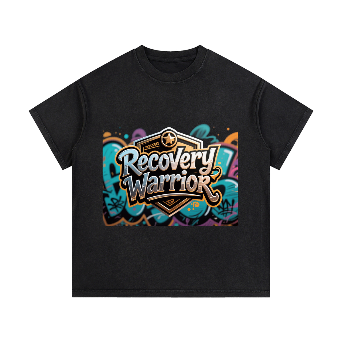 Recovery Warrior Graffiti Badge Vintage Wash Cotton T-Shirt