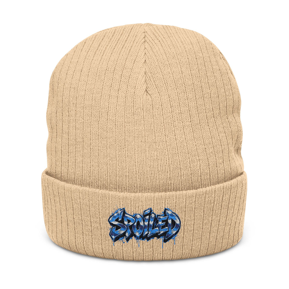 Black Ribbed Knit Beanie with Blue “Spoiled” Embroidery