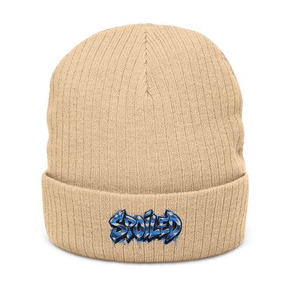 Black Ribbed Knit Beanie with Blue “Spoiled” Embroidery