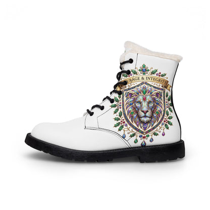 Women's Fur-Lined Leather Boots — Embroidered Lion 'Courage & Integrity' Design