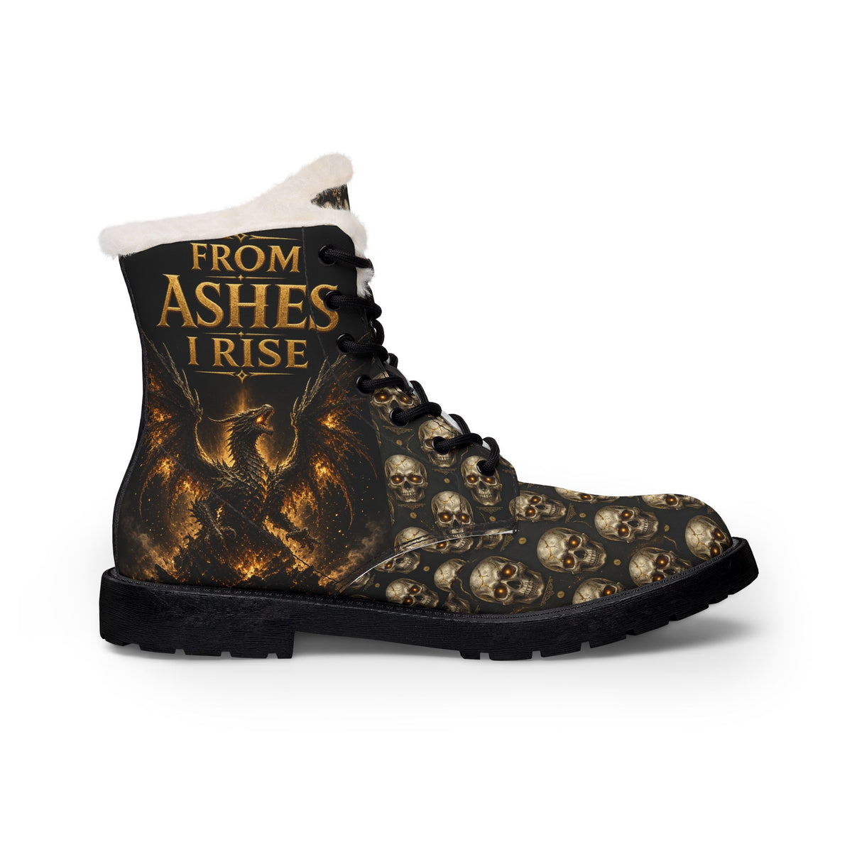 From Ashes I Rise Men’s Fur-Lined Boots – Gothic Skull Winter Boots