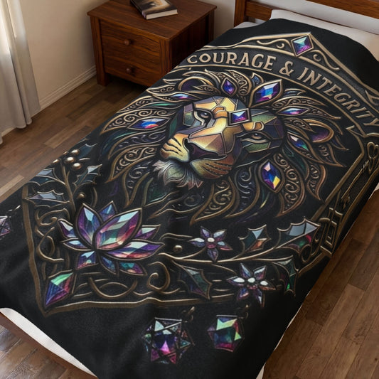 Lion Crest Velveteen Plush Blanket — "Courage & Integrity" Decorative Throw