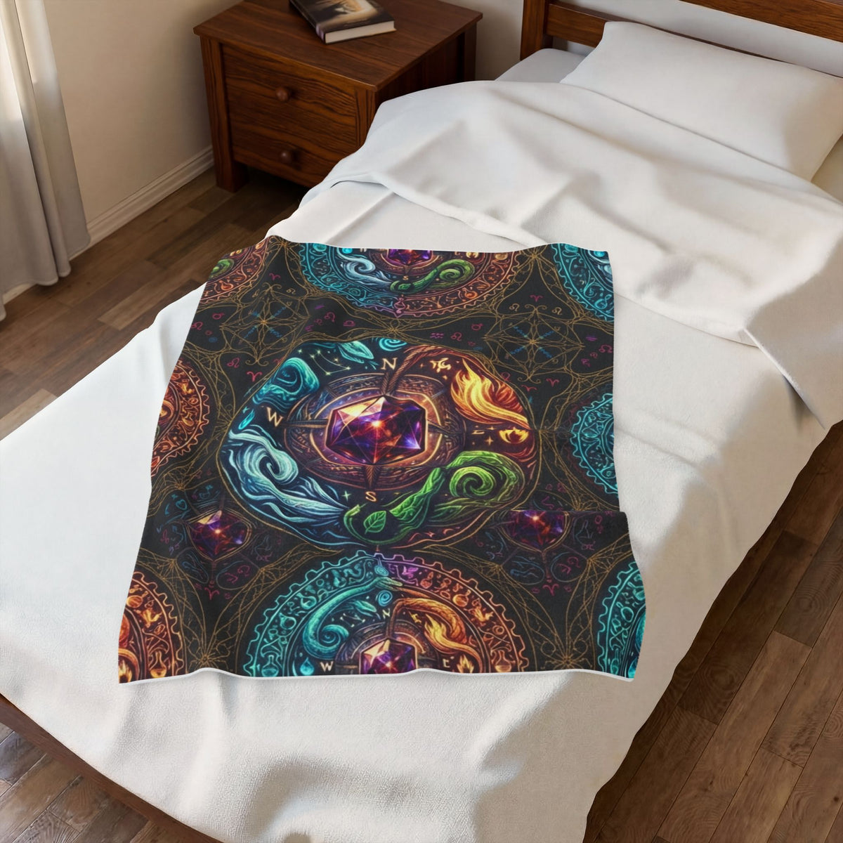 Mystic Elements Velveteen Plush Blanket — Boho Chakra Compass Design