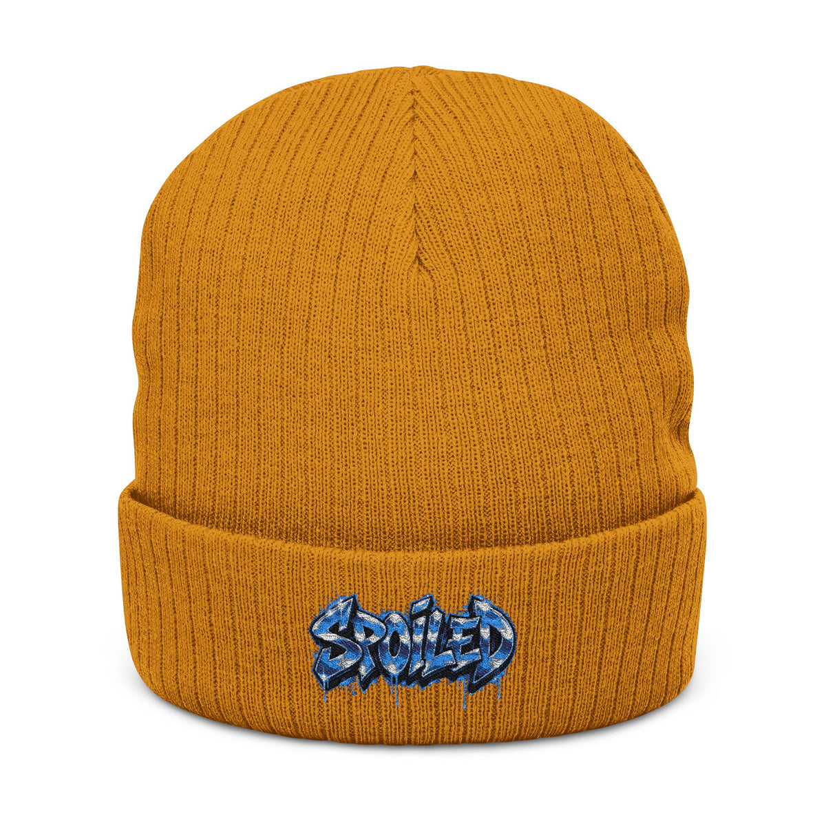 Black Ribbed Knit Beanie with Blue “Spoiled” Embroidery