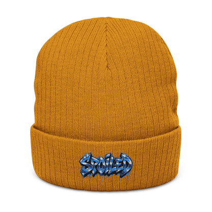 Black Ribbed Knit Beanie with Blue “Spoiled” Embroidery