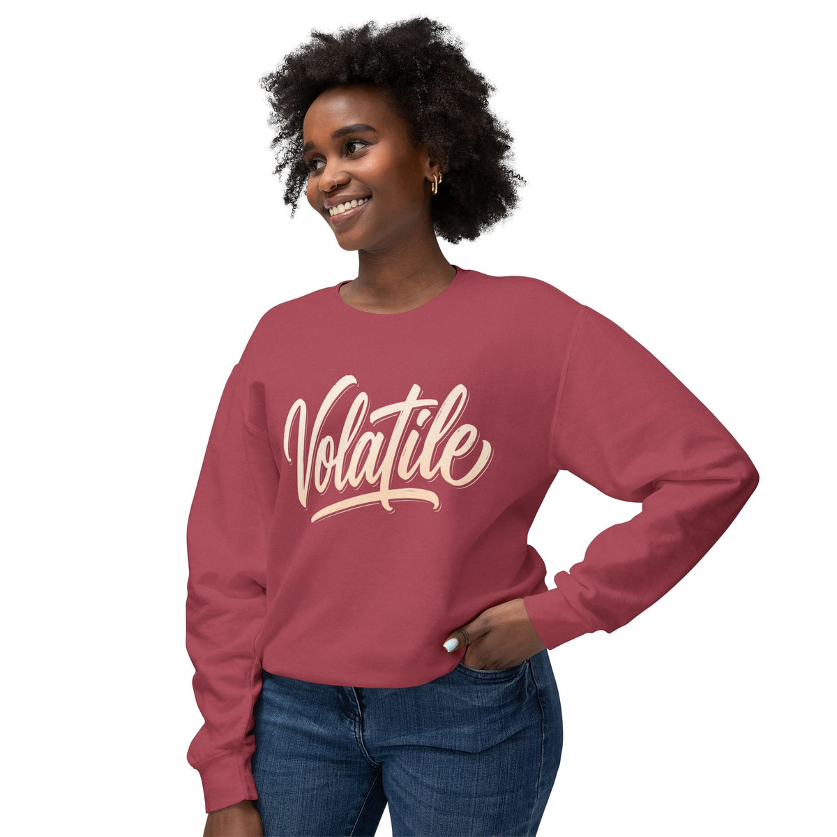 Volatile Script Crewneck Sweatshirt — Peach Casual Graphic Sweater