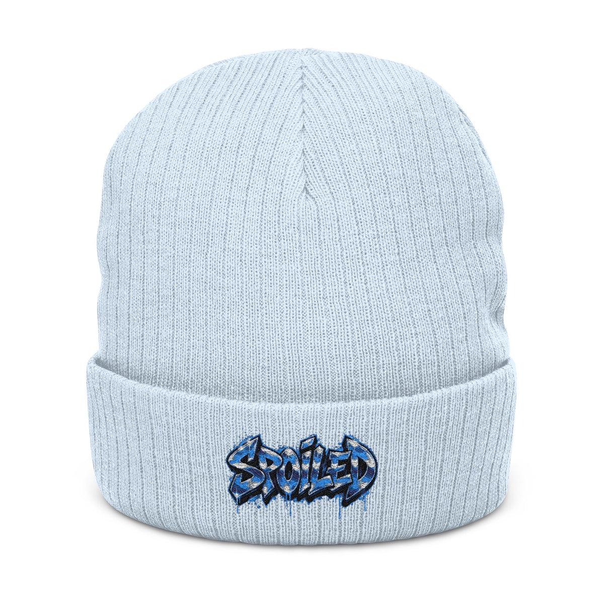 Black Ribbed Knit Beanie with Blue “Spoiled” Embroidery