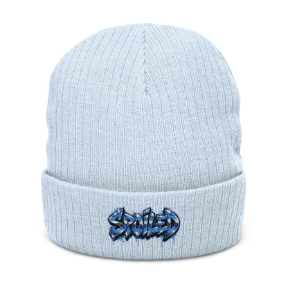 Black Ribbed Knit Beanie with Blue “Spoiled” Embroidery