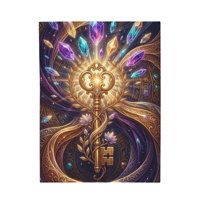 Mystic Key Velveteen Plush Blanket — Golden Key & Gemstone Fantasy Throw