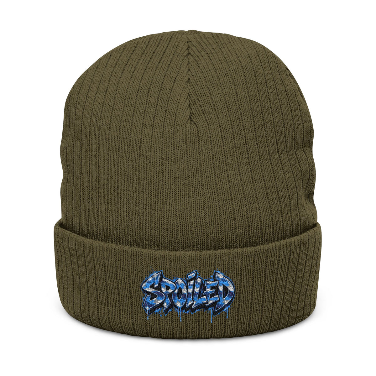 Black Ribbed Knit Beanie with Blue “Spoiled” Embroidery