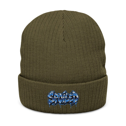 Black Ribbed Knit Beanie with Blue “Spoiled” Embroidery