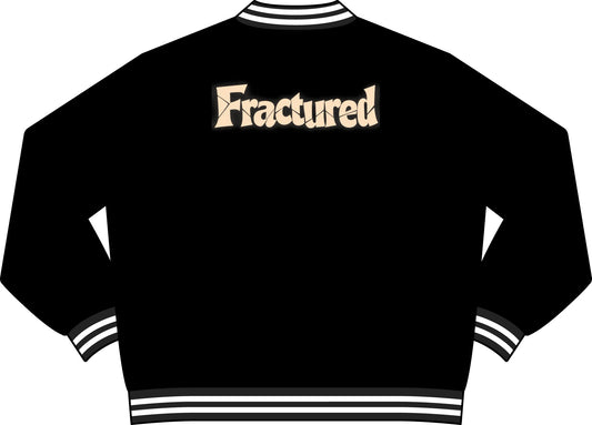 Fractured Varsity Bomber Jacket — Gothic Logo Black Letterman Jacket