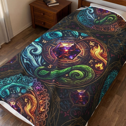 Mystic Elements Velveteen Plush Blanket — Boho Chakra Compass Design