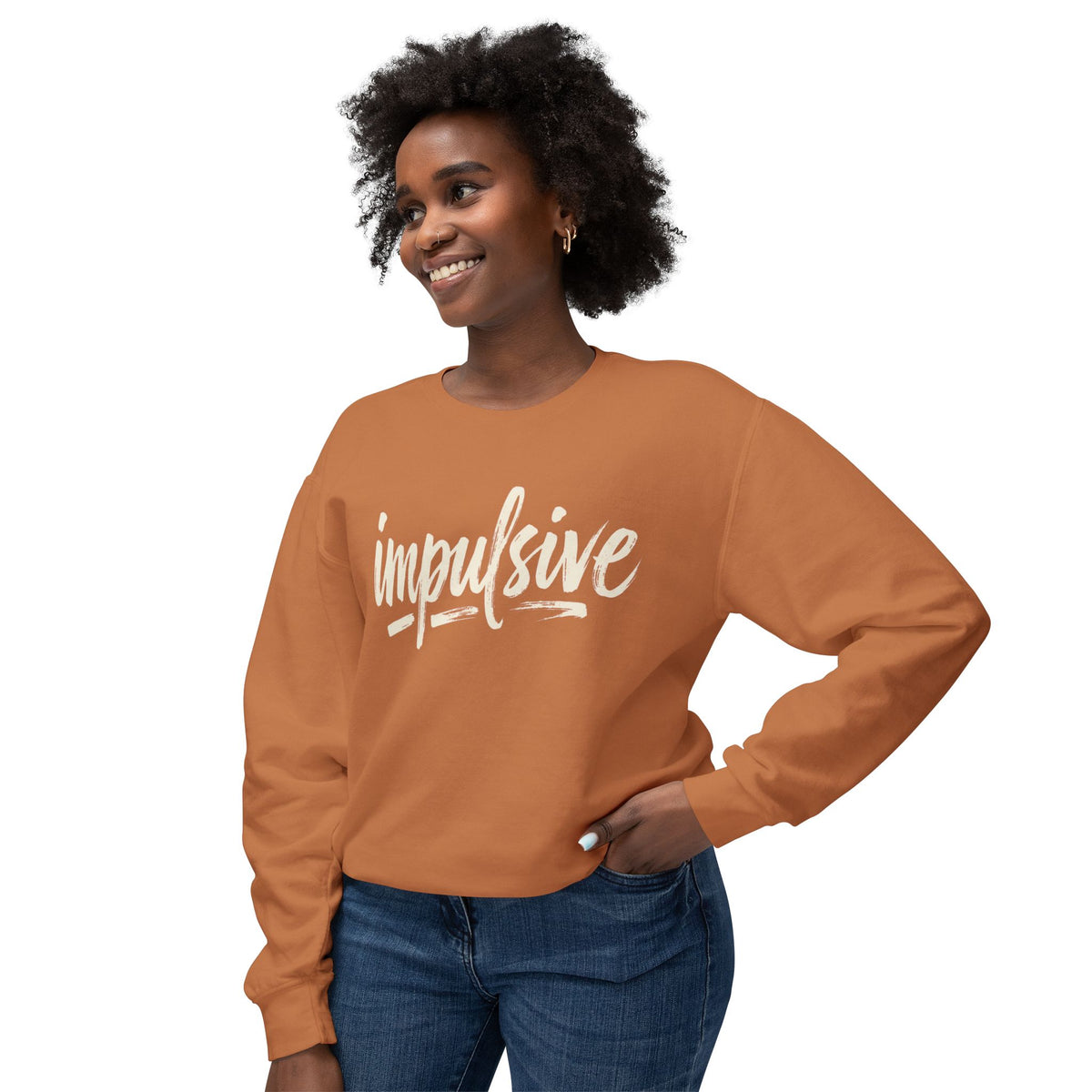 Impulsive Script Crewneck Sweatshirt — Peach Casual Graphic Sweatshirt