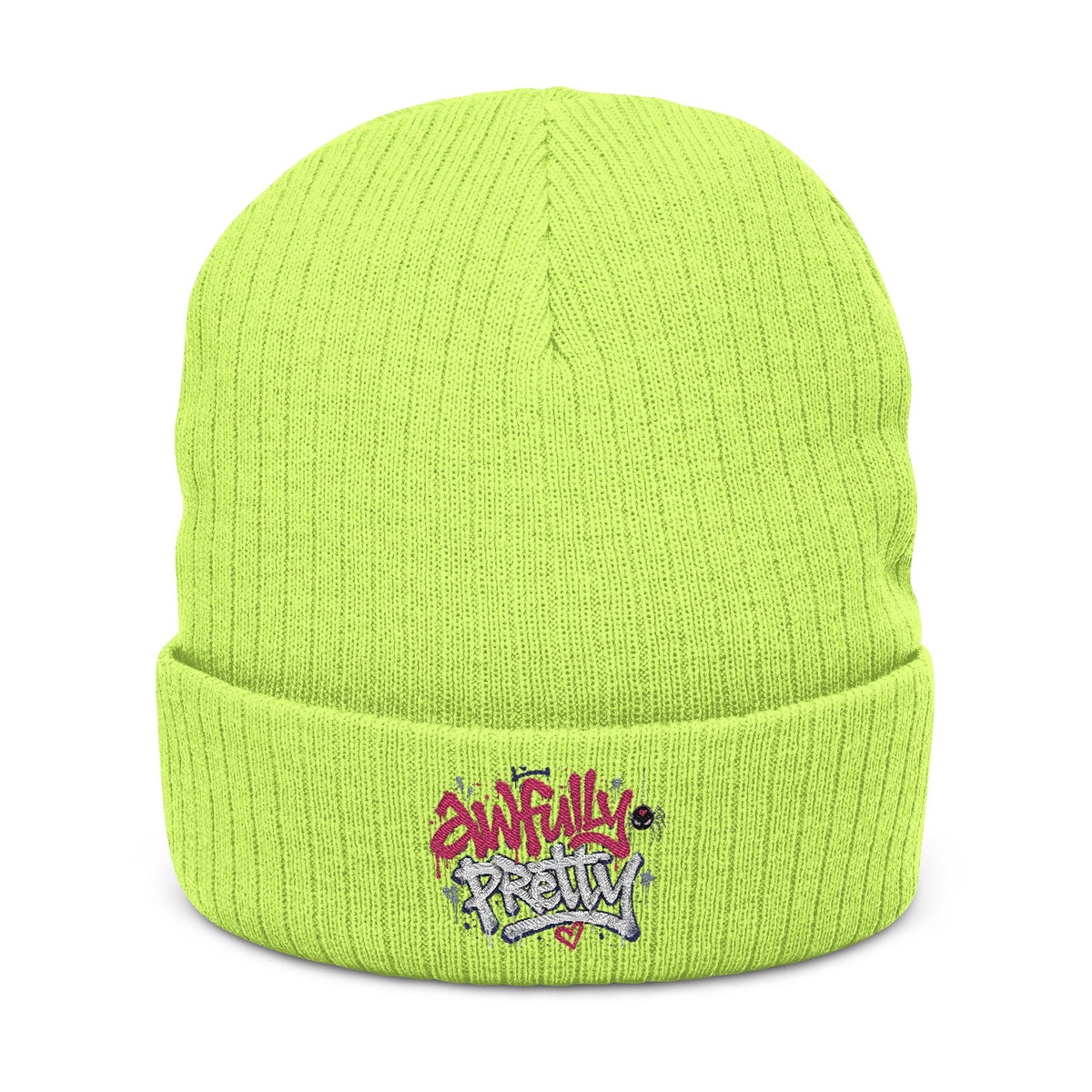 Ribbed Knit Beanie with “Awfully Pretty” Embroidery