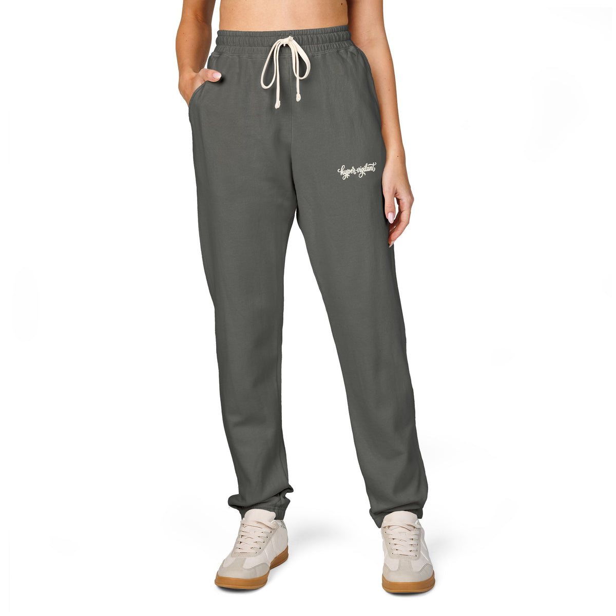 Garment-Dyed Fleece Sweatpants — Relaxed Joggers with 'hyper-vigilant' Script