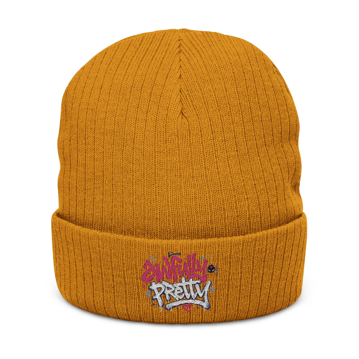 Ribbed Knit Beanie with “Awfully Pretty” Embroidery
