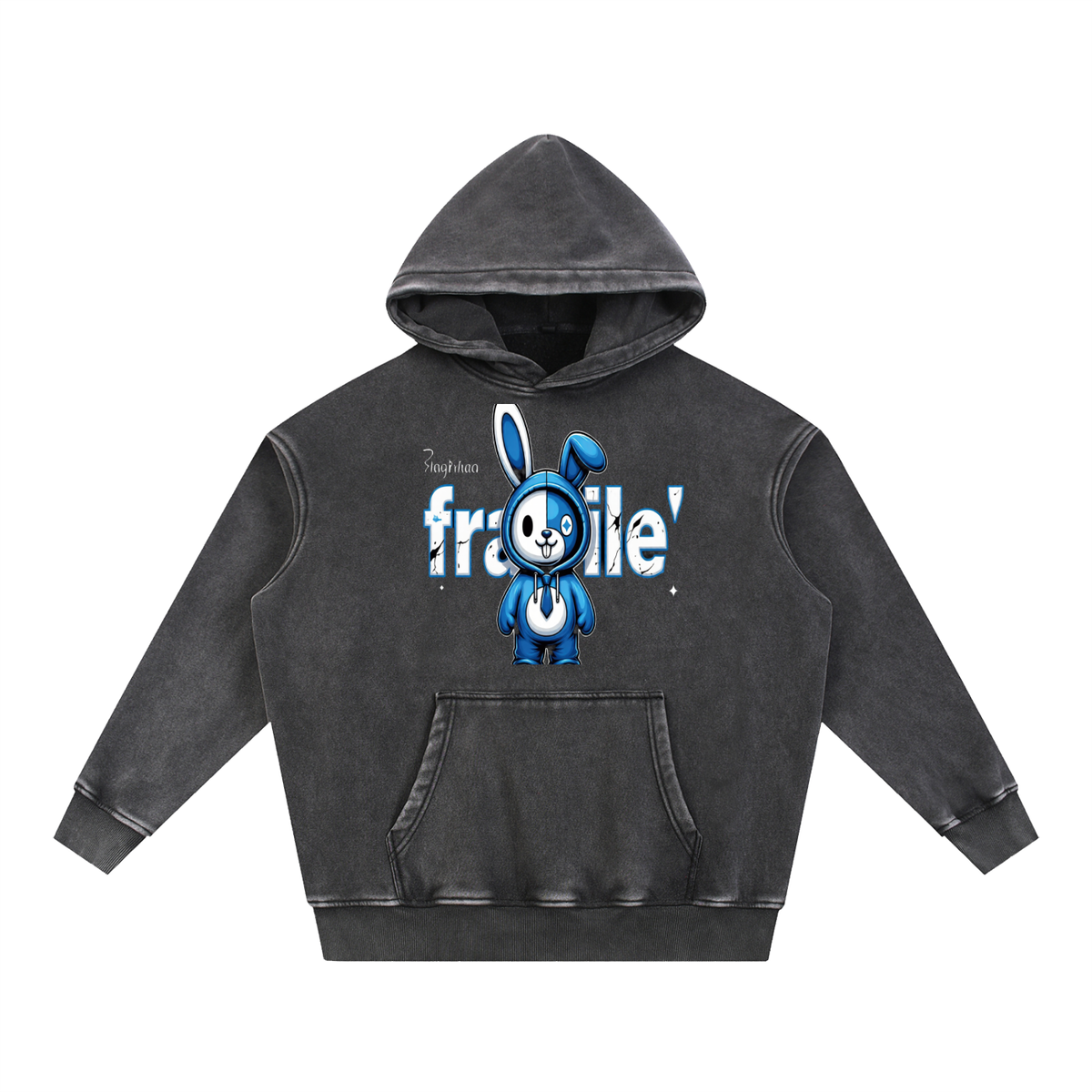 Fragile Blue Bunny Graphic Snow Wash Oversized Fleece Hoodie