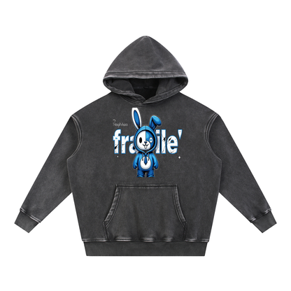 Fragile Blue Bunny Graphic Snow Wash Oversized Fleece Hoodie