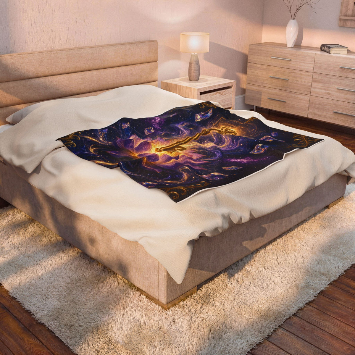Mystic Key Velveteen Plush Blanket — Golden Key & Lotus Spiritual Throw