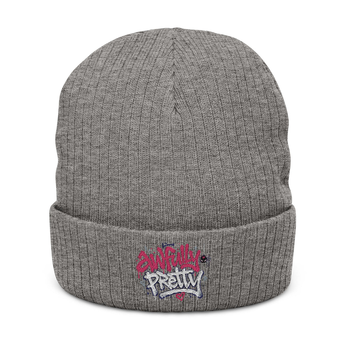 Ribbed Knit Beanie with “Awfully Pretty” Embroidery