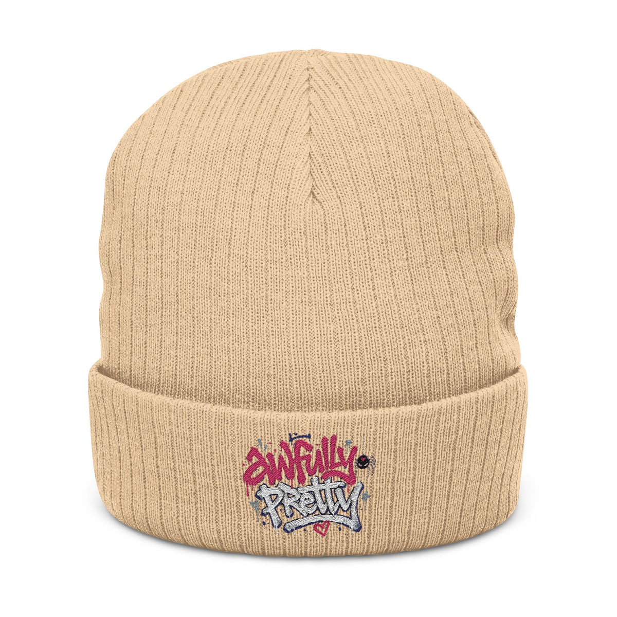 Ribbed Knit Beanie with “Awfully Pretty” Embroidery