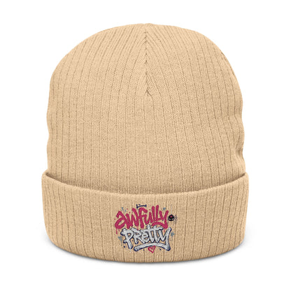 Ribbed Knit Beanie with “Awfully Pretty” Embroidery