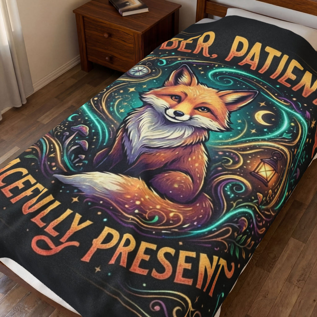 Velveteen Plush Blanket — "Sober, Patient & Peacefully Present" Fox Art Throw